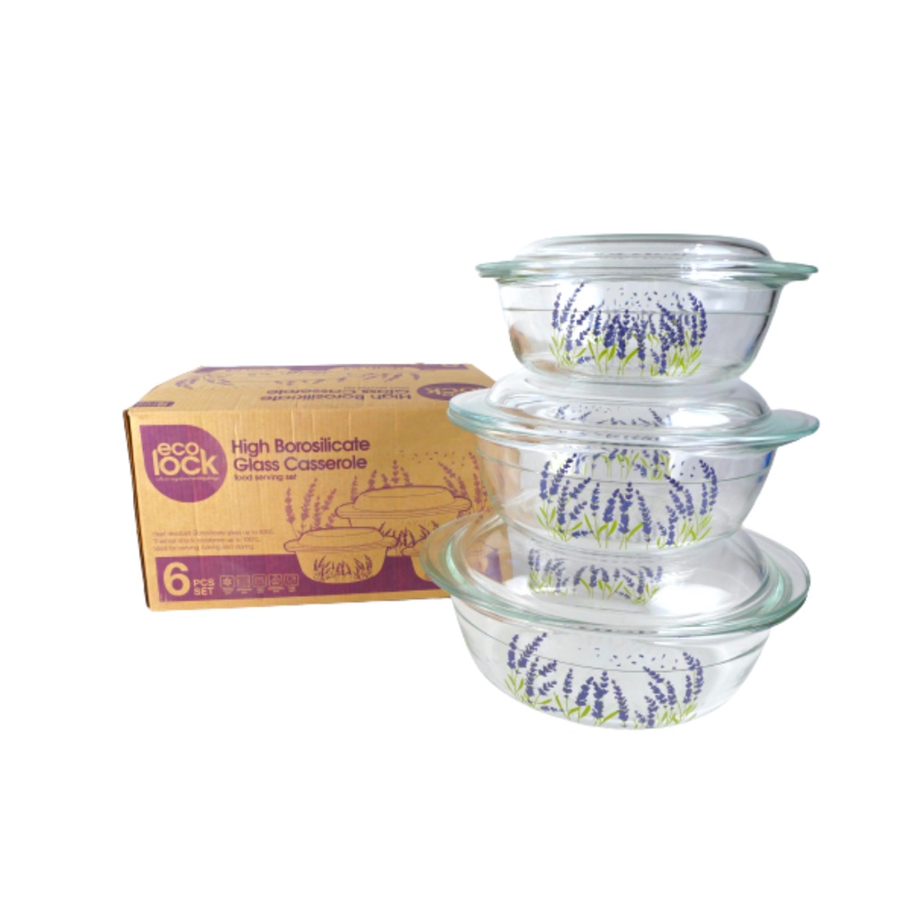 Felli Ecolock High Borosilicate Glass Round Casserole with Lid Set (6 Pcs) Lavender Shopee