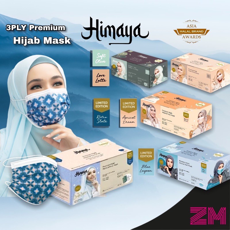 Himaya Premium 3 Ply Head Loop Hijab Medical Face Mask Soft Olive Love Latte Apricot Dream Blue Lagoon Shopee Malaysia