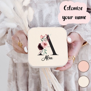 Florals Black Alphabet  Personalised with Name Creative Gift Mini Portable Jewelry Box  Travel Earrings Rings Jewelry Case