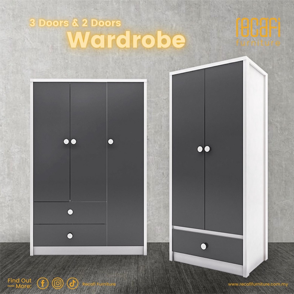 Recafi Furniture 2/3 Doors High Gloss Grey Wardrobe Baju