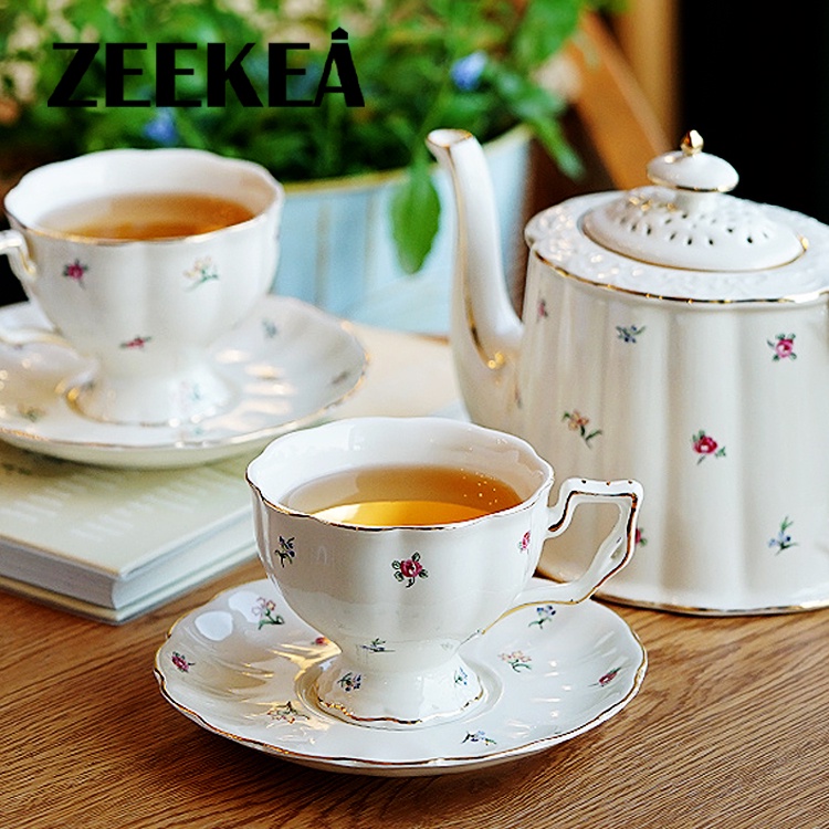 Zeekea Ceramic Tea Pots,Coffee Pots,European Ceramic Vintage Coffee Cups with Gold Edge Flower Pattern