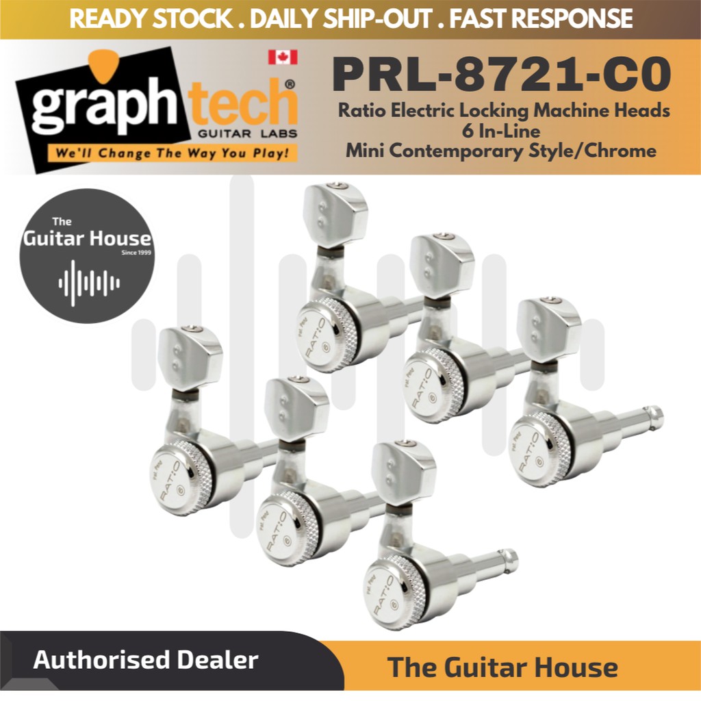 Graph Tech PRL-8721-C0 Ratio Elec 6-In-Line Locking Tuned Machine Heads,  Mini Contemporary Style / Chrome (PRL8721C0)