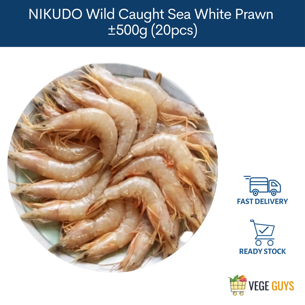 NIKUDO Wild Caught Sea White Prawn Head On Shell, Vacuum Pack - 野生海捕- 明虾 (全壳）(+-20pcs, +-500g)