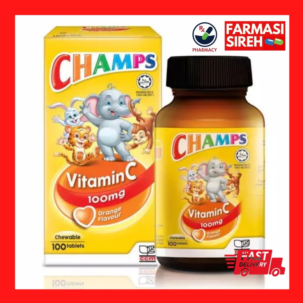 CHAMPS Vitamin C Chewable 100mg Tablets 100's Orange / Strawberry