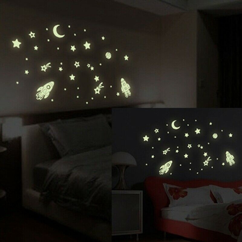 Glow In The Dark Room Star Rocket Wall Stickers Kids Bedroom Deco