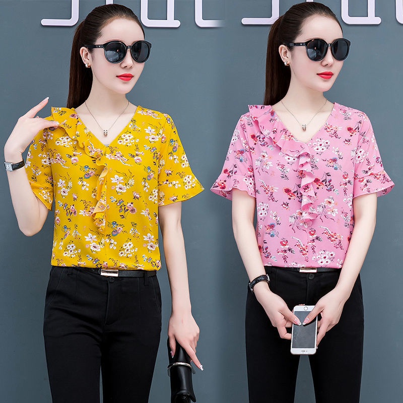 Chiffon Floral Plus Size Short Sleeve Women's Korean Style V-Neck Top