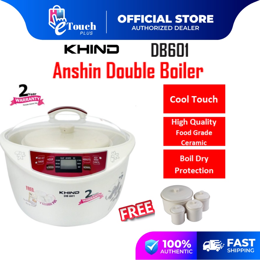 Khind 3.2L Anshin Double Boiler With Free 4 Ceramic Pots and Recipes Book DB601 Digital Slow Cooker