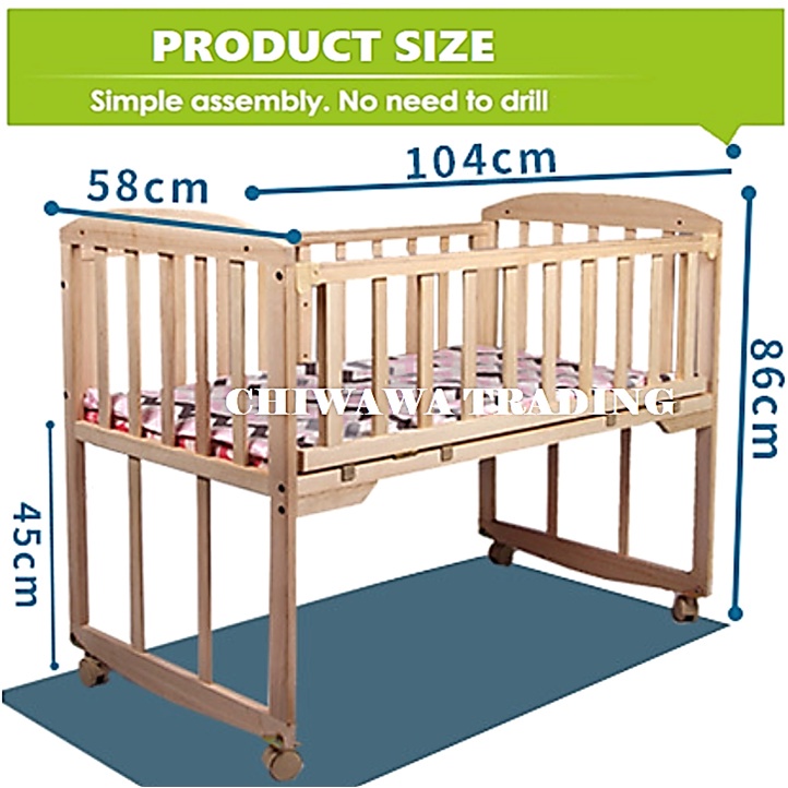 2 IN 1【Extra Space】 Solid Natural Wooden Baby Bed Rocking Cradle Cots with Wheels Baby Cot Rack