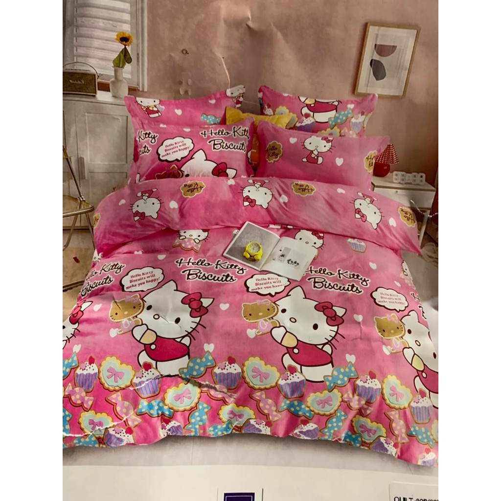 Hello Kitty Cartoon Children Kids 800tc Cotton 4in1 Super Single Comforter Bedding Set Cadar Katil Selimut Tebal Konki Shopee Malaysia