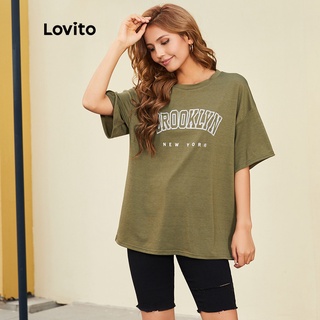 Lovito Oversized Short Sleeve T-Shirt Korean Style Letter Printed Loose Couple Plus Size Blouse Baju T Shirt Perempuan Unisex Comfortable Vintage Tee L14D055 (Green)