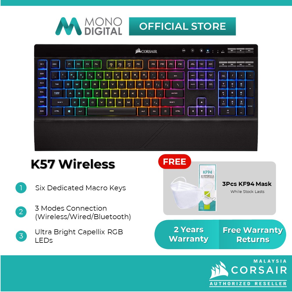 CORSAIR K57 RGB Wireless/Wired 2.4GHz/Bluetooth Gaming Keyboard with 6 Dedicated Macro Keys CH-925C015-NA (Free 3pcs KF94)