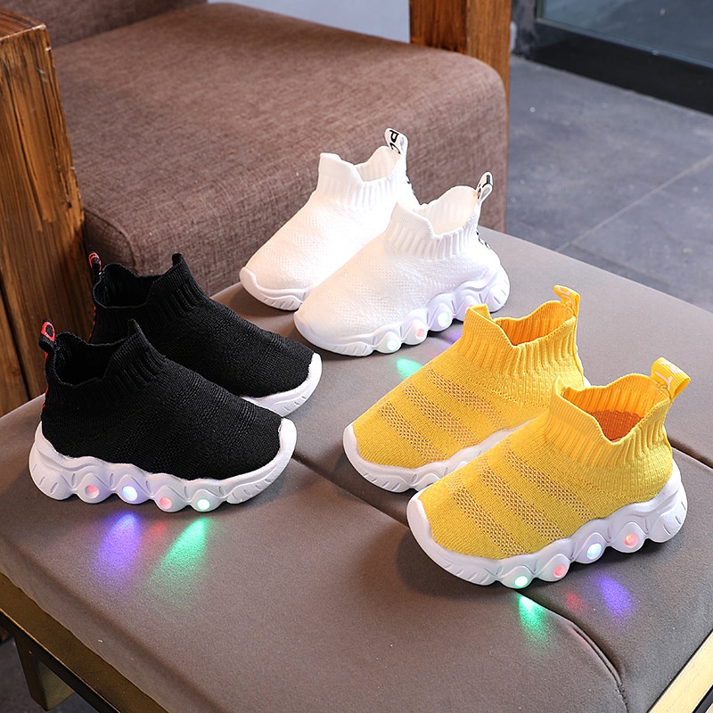 Children Baby Girls Boys Sneakers Solid Mesh Breathable Led Light Luminous Sport Running Shoes 