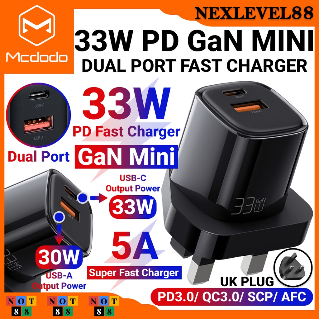 Mcdodo 33W PD GaN Mini 5A Super Fast Charger QC3.0 Power Adapter Dual Port USB Output Quick