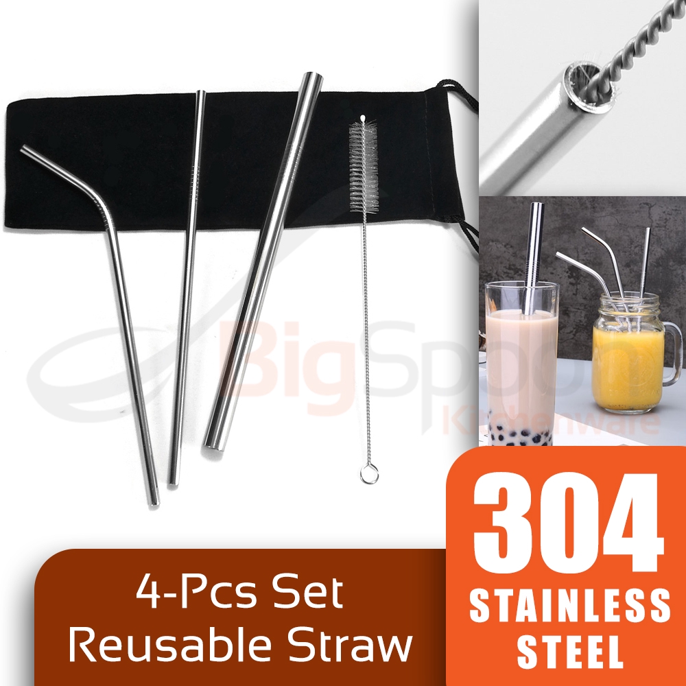 BIGSPOON 304 Stainless Steel Straw 4-Pcs Set Reusable Straw Bubble Tea Straw Brush with Straw Bag Eco Friendly