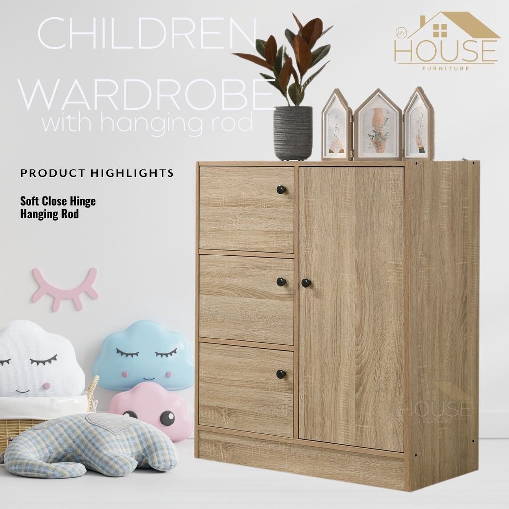 MYHOUSE Furniture Children Wardrobe Cabinet 4 Door Storage Cabinet Almari Baju Budak Oak Color with Soft Close Hinge