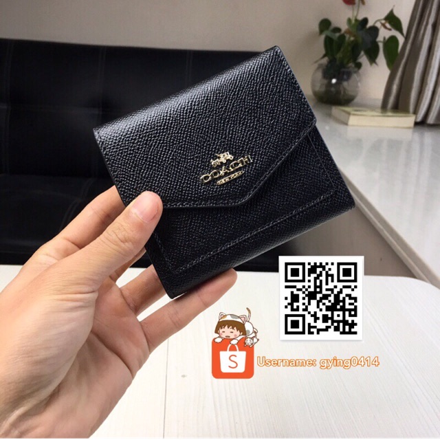 Coach mini three fold over purse wallet leather small black f59972 women |  Shopee Malaysia