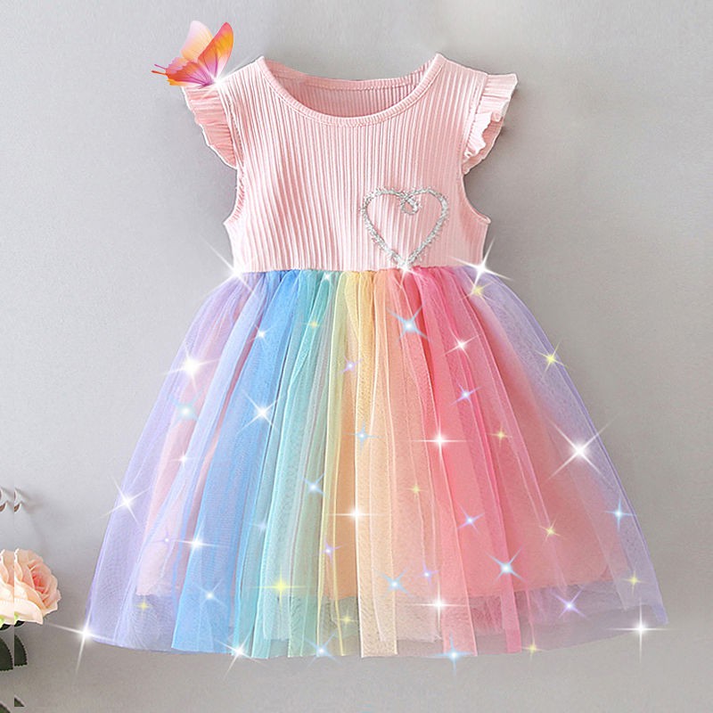 Sweet Kids Rainbow Heart Shape Dress Girls Tutu Party Costume Long Short Sleeve One Piece Dresses For 1 6yrs Shopee Malaysia