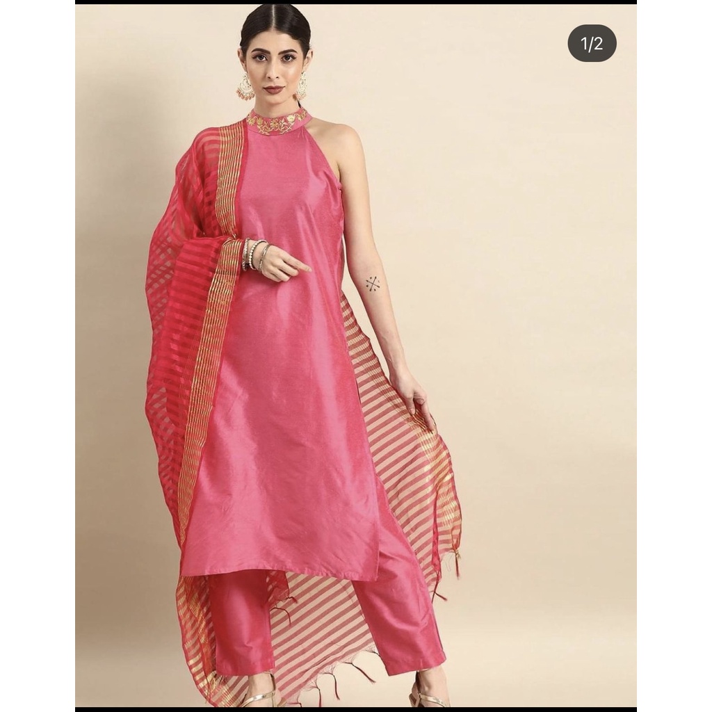 Women Black & Pink Solid Kurta With Trousers & Dupatta