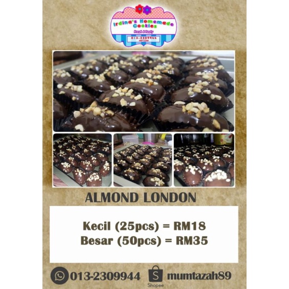 Homemade Kuih Raya Biskut Almond London Almond London Cookies Badam Sebiji 25 50pcs Fully Coated Chocolate Shopee Malaysia