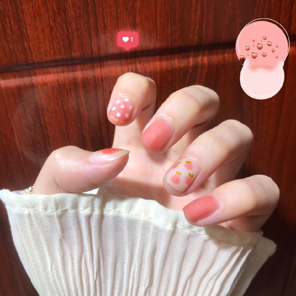 Aimi Nail Stickers 夏日蜜桃磨砂粉波点小可爱小清新款穿戴甲成品美甲贴片假指甲甲片summer Peach Polka Dot Cute Wear Nail