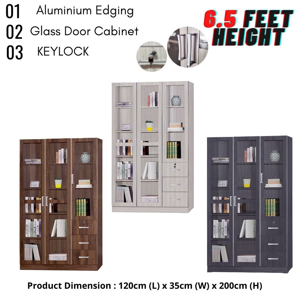 DFP Perabot Rak Buku Display Cabinet Glass Door 3 Door 3 Drawer Keylock Bookshelf Almari Buku Kabinet 3 pintu 3 laci