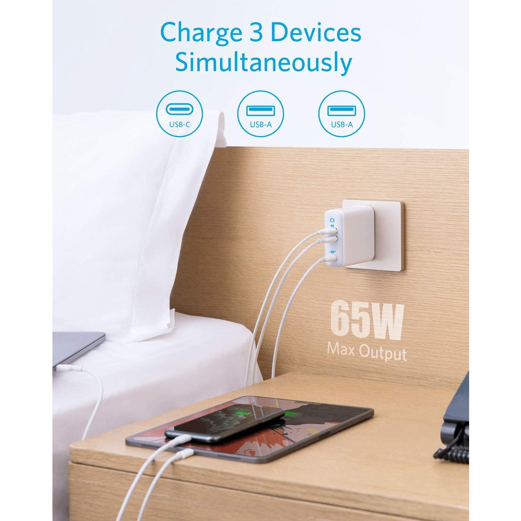 Gadgetoo Anker Powerport Iii 3-Port 65W Charger With Us/Uk/Eu Plugs