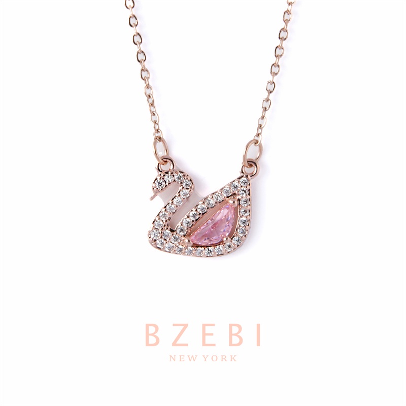 BZEBI 18k Rose Gold Swan Necklace Diamond Pendant Anti-rust Titanium Steel Emas 916 Fashion Accessories Korean Style Jewelry Birthday Gift with Box Perempuan Rantai Leher 830N