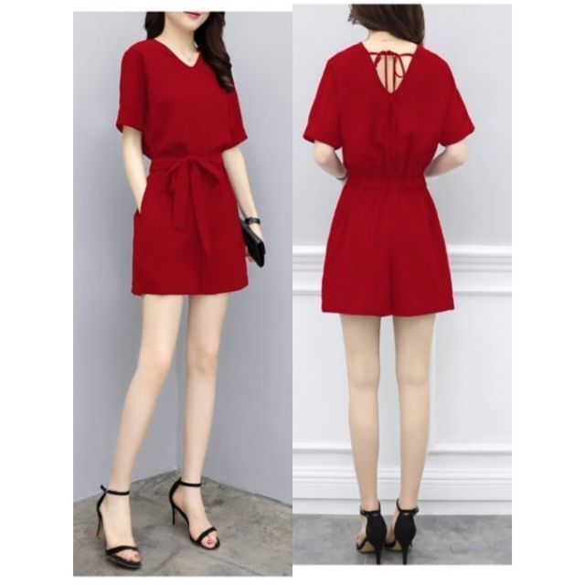 ♻️2nd red jumpsuit V-Neck Women Summer Soft Cotton Short Sleeve Jumpsuit preloved second hand