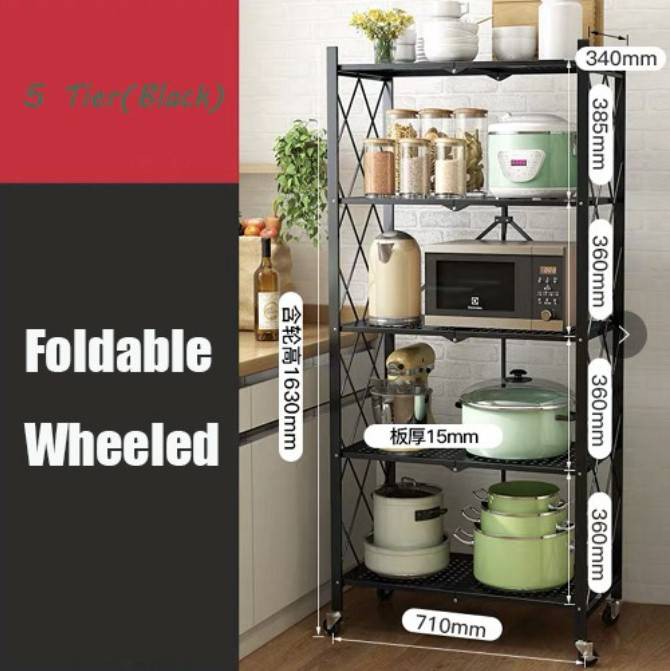 Foldable Viral Stainless Steel Rack Wheeled Oven Kitchen Shelves Microwave Rack Storage Dapur Lipat Rak Ready Stock