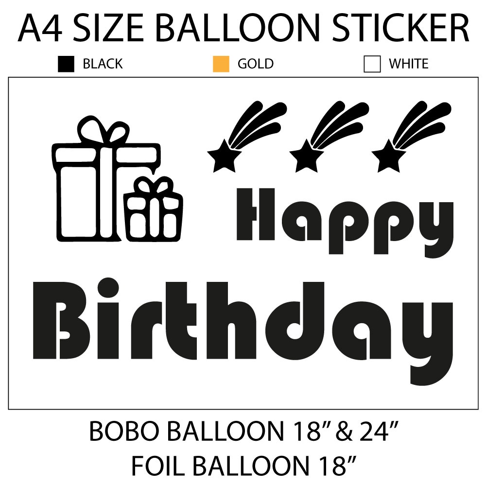 A4 Balloon Sticker Happy Birthday Design 12 Black / Gold / White