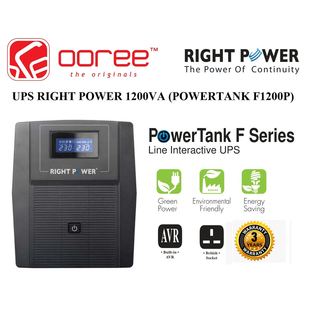 RIGHT POWER 1200VA UPS (POWERTANK F1200P) AVR AVS AUTOMATIC VOLTAGE STABILIZER REGULATOR - 4 BRITISH UK OUTPUT & 1 USB