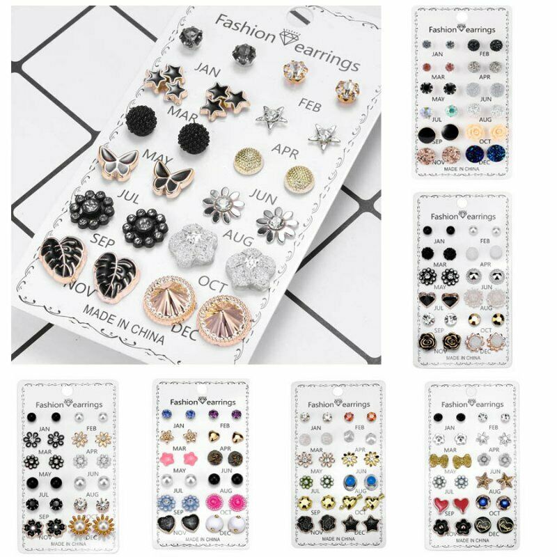 Fashion 12 Pairs/Set Sunflower Butterfly Crystal Earrings Ear Stud Women 12 Months Gifts