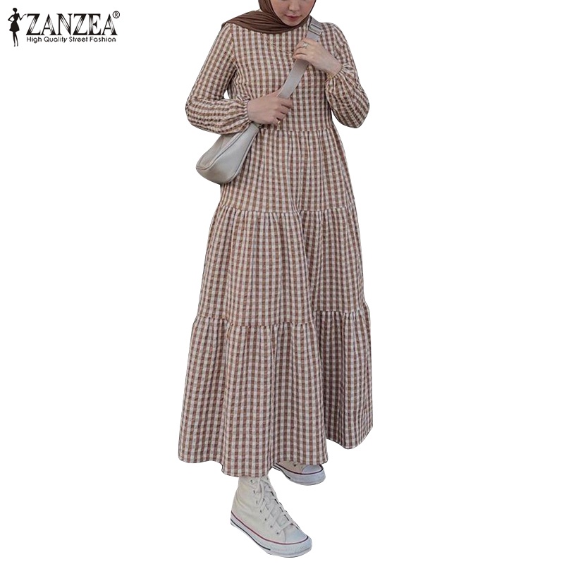 ZANZEA Women Muslim Street Fashion Puff Sleeve Bubble Plaid Pleated Doll Dress