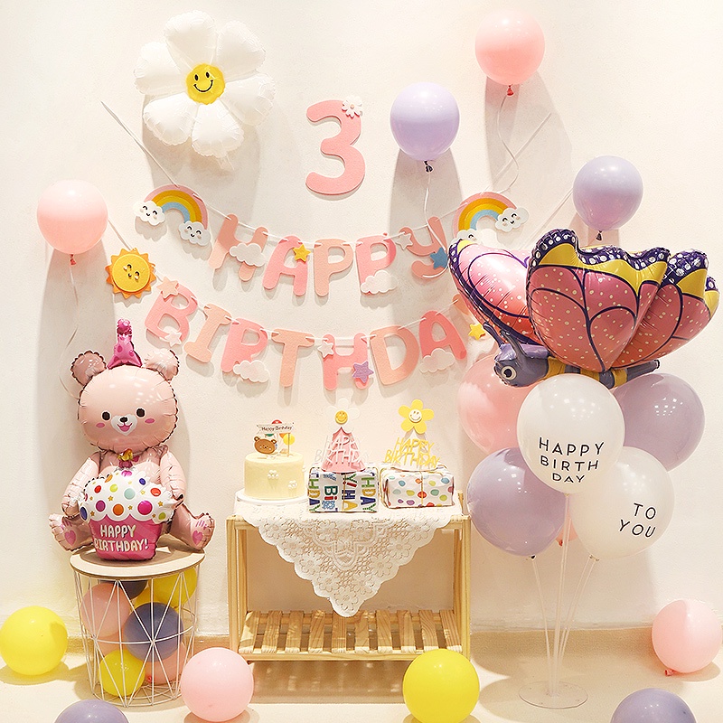 INS Baby Girl Birthday Party Butterfly Balloon Kit First Burthday Pink