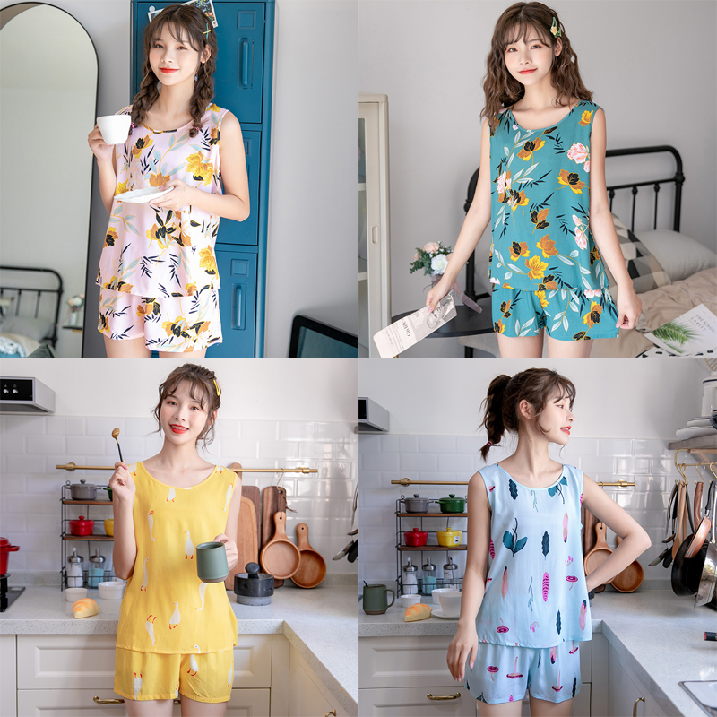 M - 2XL Plus Size 100% Cotton Pyjamas Sleeveless Tops+ Shorts Cute Loose Sleepwear Nightwear Baju Tidur