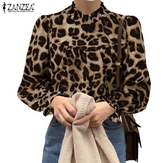 Image of ZANZEA Womens Vintage Full Sleeve Leopard Print Loose Casual Blouse