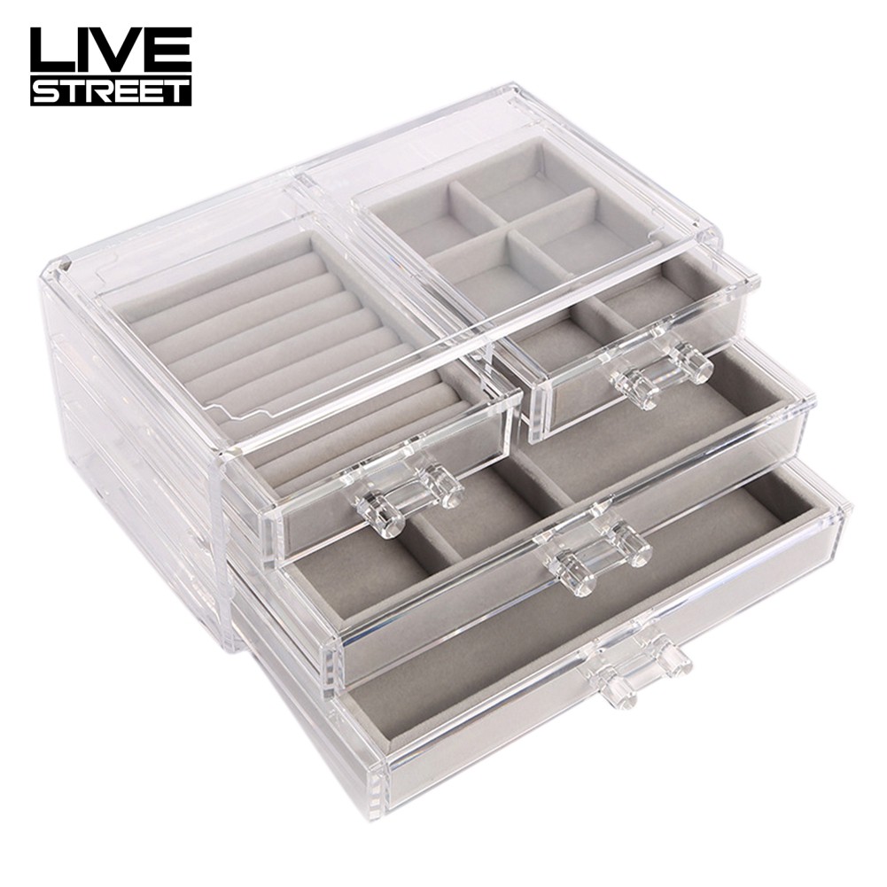Livestreet 3 Layer 4 Drawer Transparent Plastic Soft Liner Jewelry