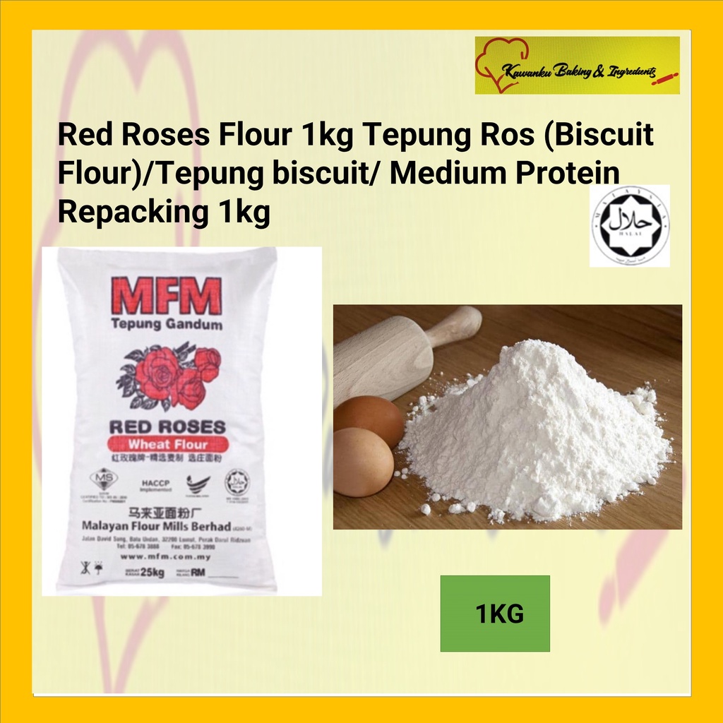 Red Roses Flour 1kg Tepung Ros (Biscuit Flour)/Tepung biscuit/ Medium Protein Flour/all purpose flour / Repacking 1kg