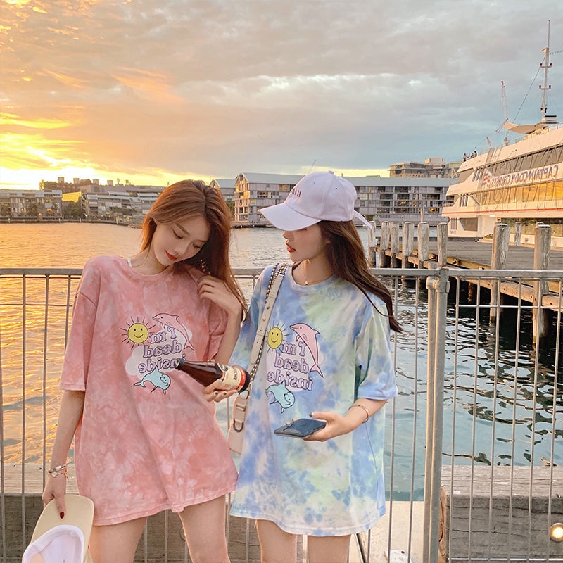 Tie-dyed cartoon print 2021 summer dress Korean women's students' new short-sleeved T-shirt women's loose foreign trade women's dress