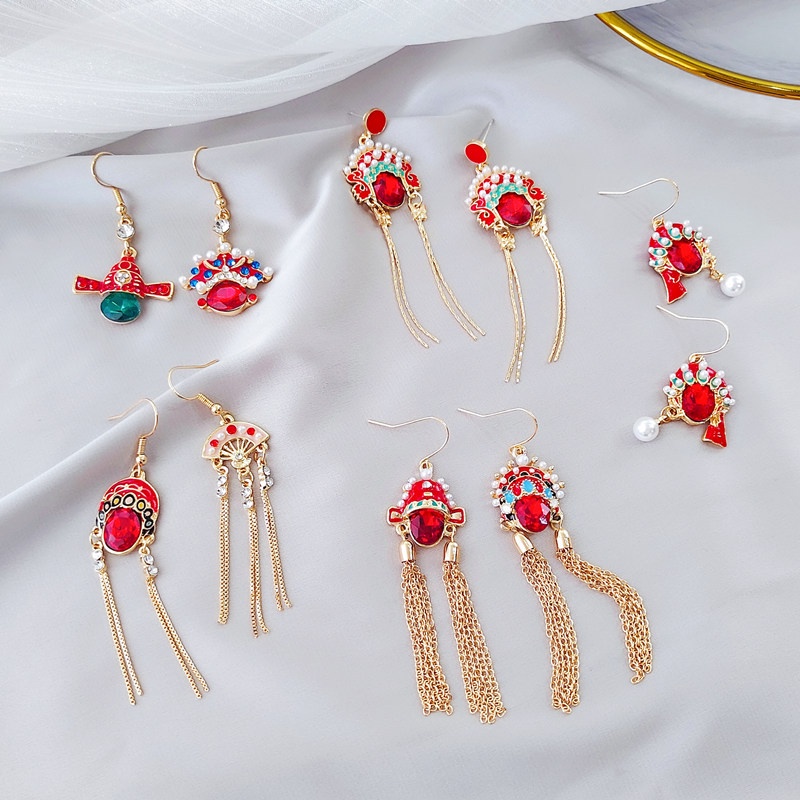 Traditional Chinese Peking Opera Mask Earrings Ruby Chain Tassel Earring Ancient Opera Mask Earrings