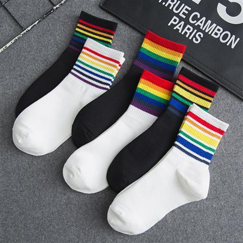 Rainbow socks women's tube socks summer thin cute Japanese high tube cotton socks striped sports wind stockings ins tide