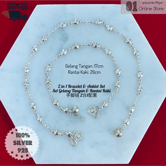 2in1 925 Silver Bracelet Anklet Set 9 Set Gelang Tangan Rantai Kaki Perak 925纯银手脚链配套 Shopee Malaysia