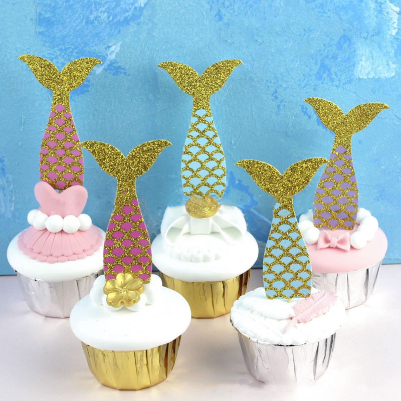 5pcs Bling Mermaid Tail Cake Topper With Gold Powder Wedding