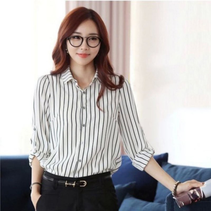 Women's Stripes Long Sleeve Chiffon Blouse | Shopee Malaysia