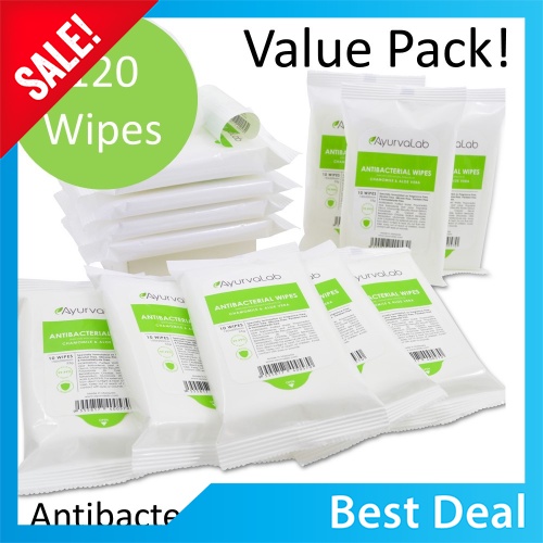 Best Deal Antibacterial Wipes 12 in 1 Pack (12 x 10's), Natural Extracts, Chamomile, Aloe Vera, Fragrance-Free, Alcohol