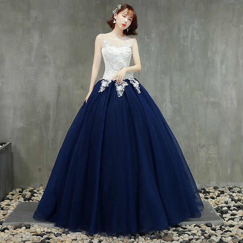 navy blue and white gown