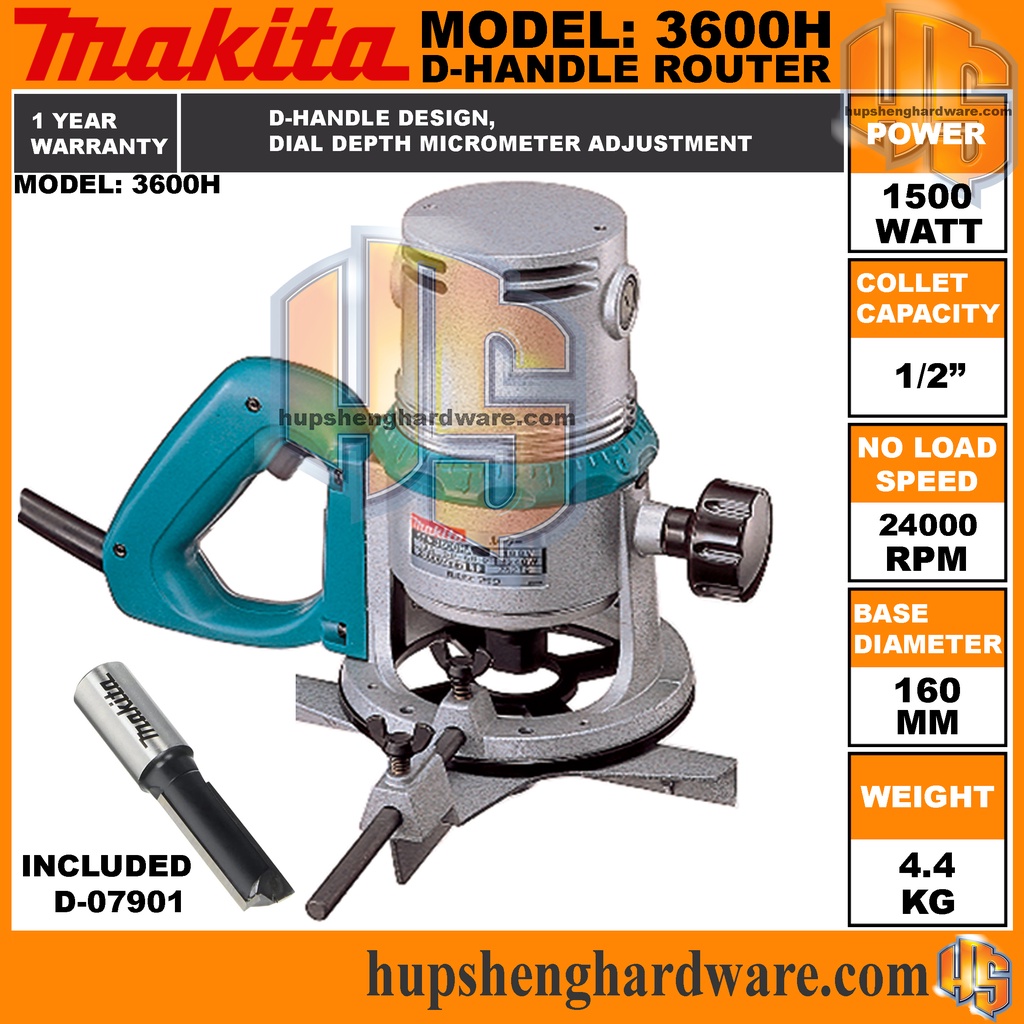 Makita 3600H Router Machine Power 1500W Speed 24000rpm Collet 1/2
