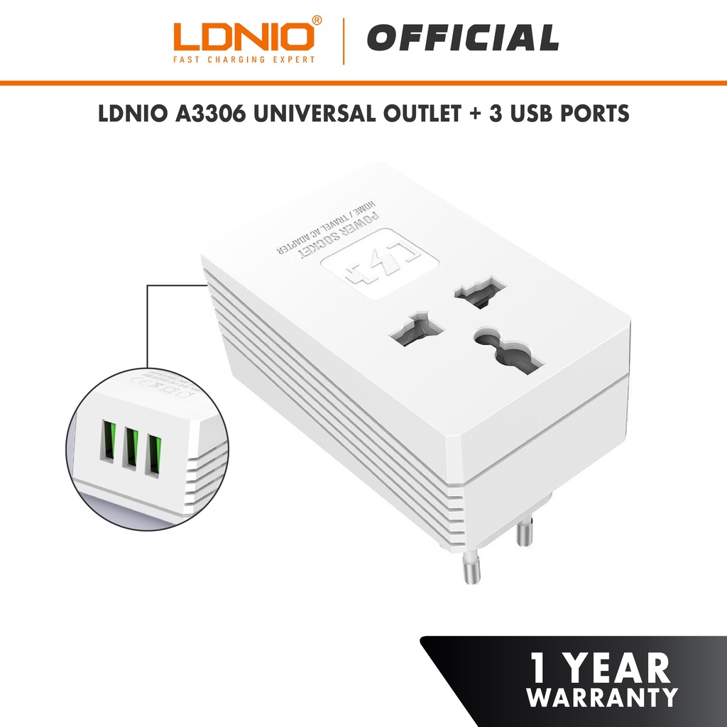 LDNIO A3306 2in1 Universal Outlet & USB Charging Port Travel Converter Adapter