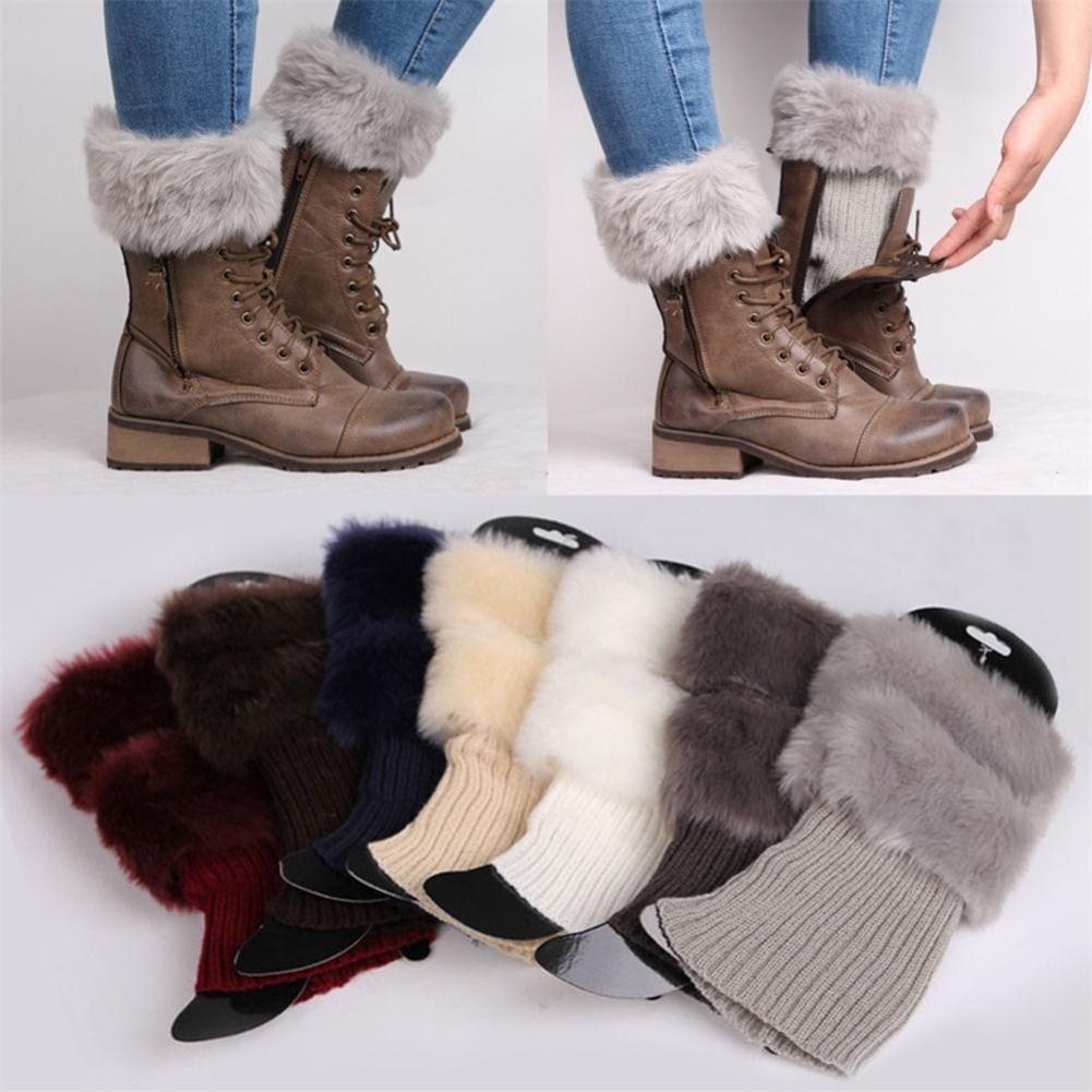 【GR】Winter Women Warm Faux Fur Crochet Knit Leg Warmers Boot Socks Toppers Cuffs