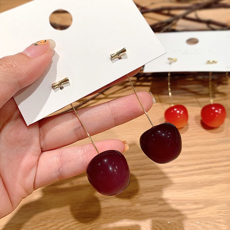 Korean Fashion Fruit Cherries Earrings Cute Long Ins Resin Ear Studs